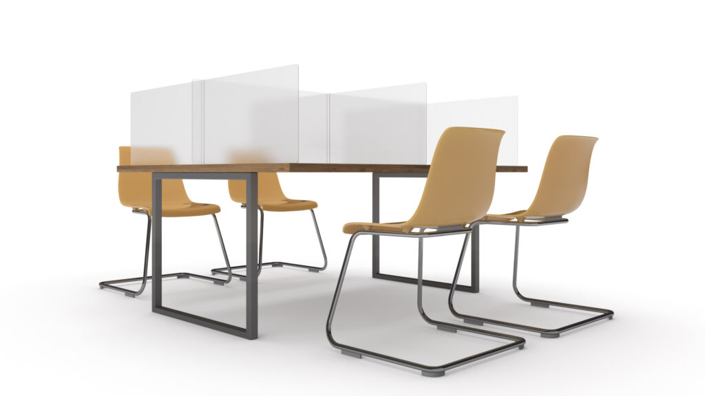 Table and Chairs With Frosted Transparent Dividers Between Them