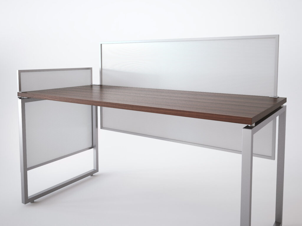 Wooden Desk with a Clear Split Screen Attached to It
